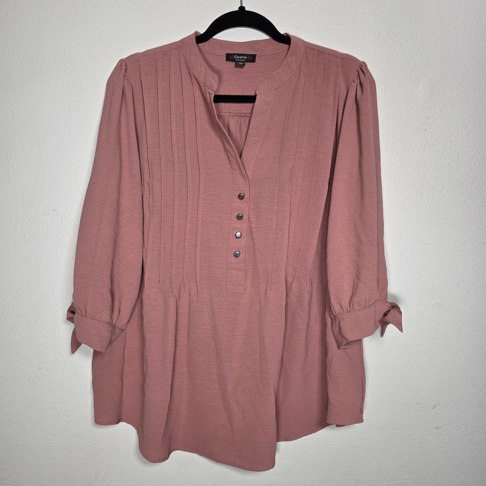 Cocomo Womens 2X Pink V-Neck Pleated Popover Blouse Peasant Cottagecore‎